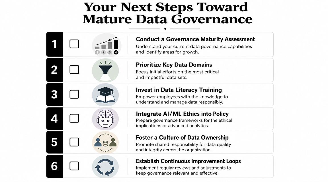 A numbered checklist showing six strategic steps for organizations to achieve mature data governance practices.
