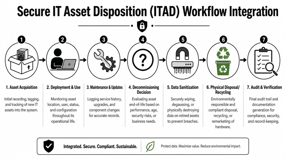 A seven-step flowchart illustrating the secure IT asset disposition and lifecycle management workflow for companies.