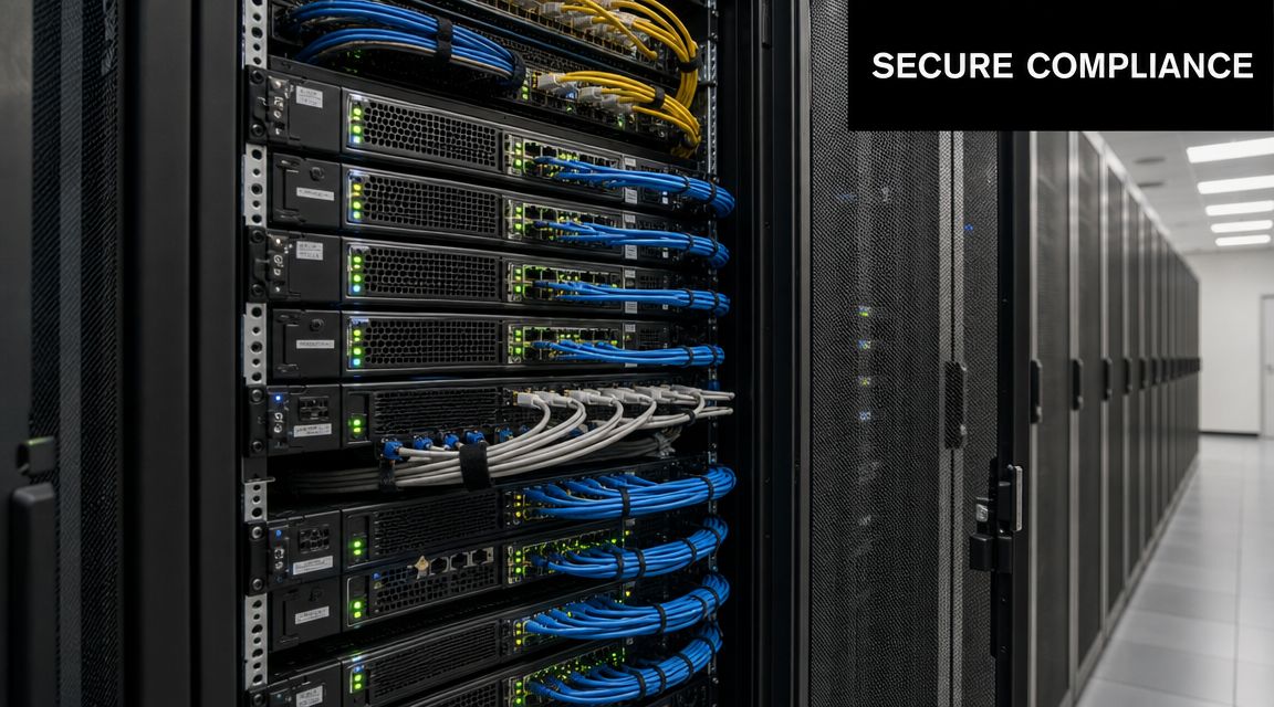 A close-up view of a high-tech server rack in a modern data center with blue cables.