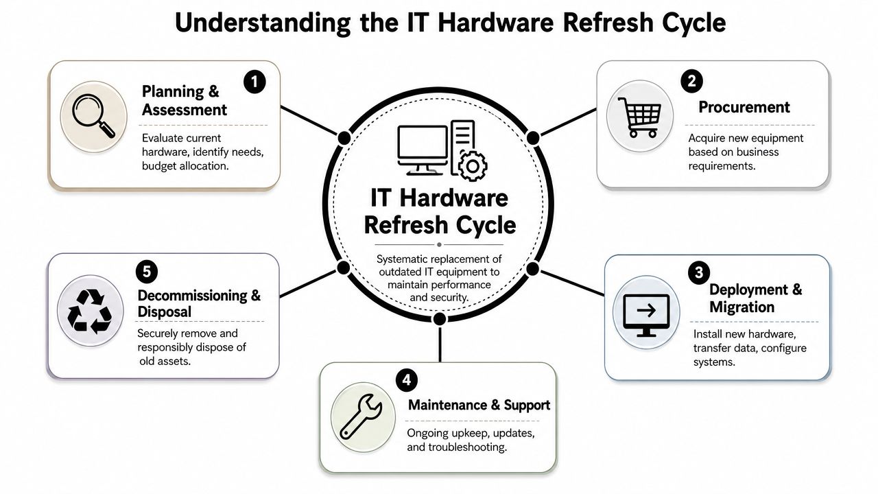 A diagram illustrating the five key stages of the IT hardware refresh cycle for business infrastructure management.