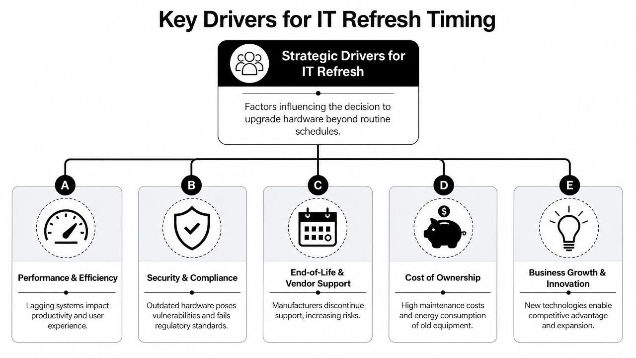 A diagram outlining five key strategic drivers influencing IT hardware refresh timing decisions for businesses.