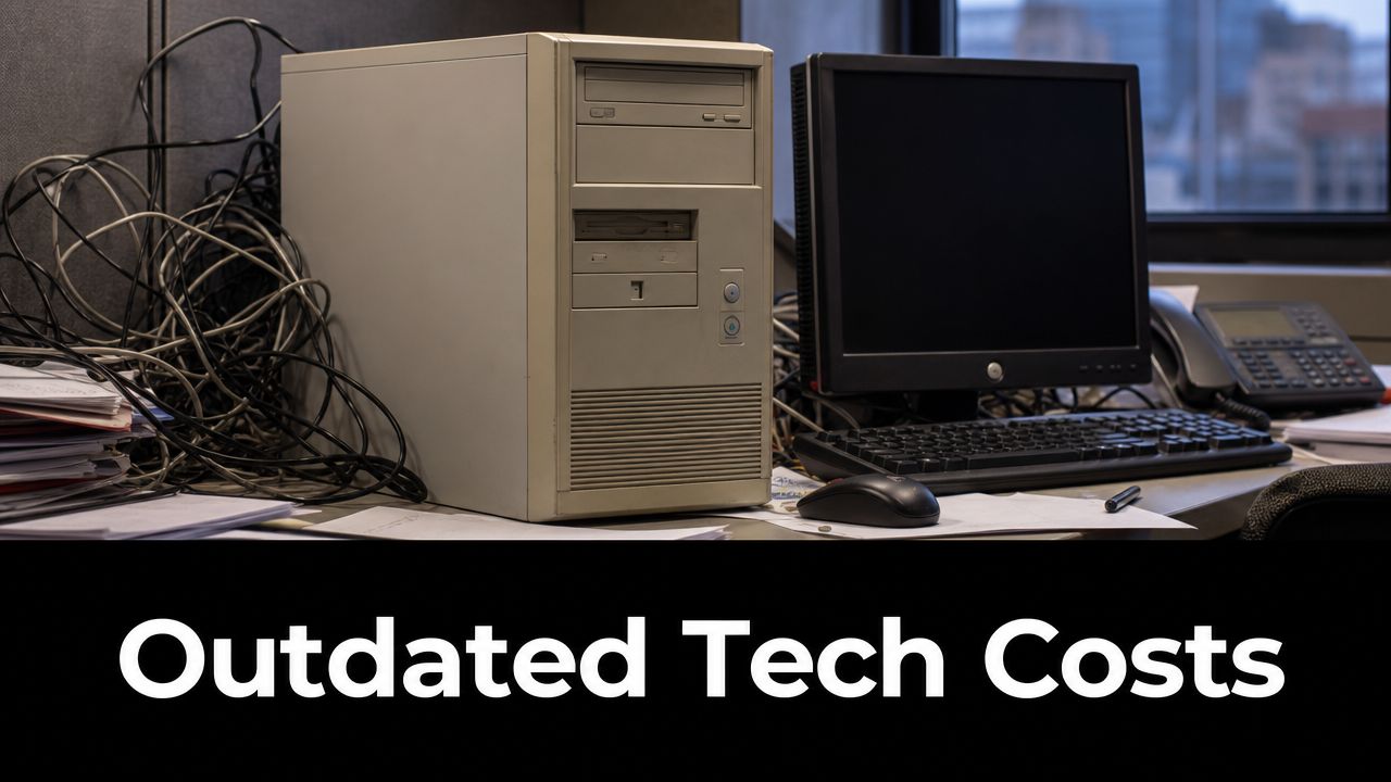 An outdated desktop computer and messy wiring sitting on an office desk symbolizing old business technology.