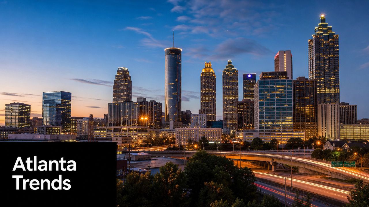 A wide angle shot of the Atlanta city skyline during dusk with illuminated skyscrapers and highways.
