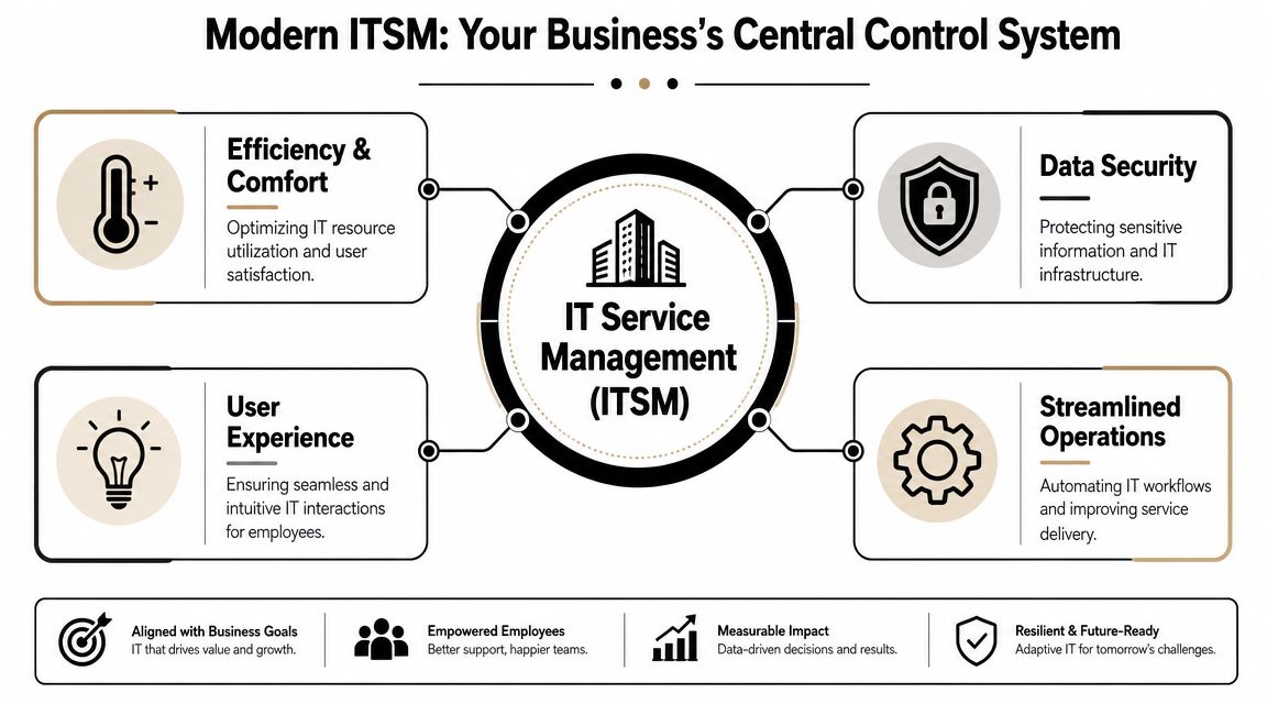 A diagram illustrating IT Service Management as a central system for business efficiency, security, and operations.